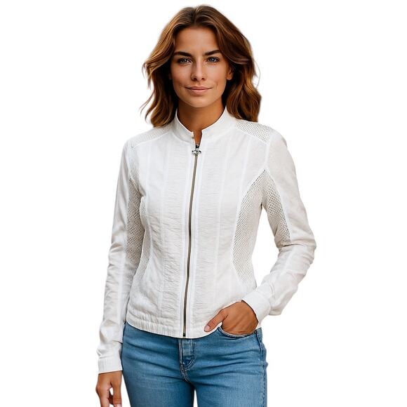 XCVI Wearables Orrick bomber jacket Cotton mesh white sz Large Summer Bohemian - Picture 1 of 10